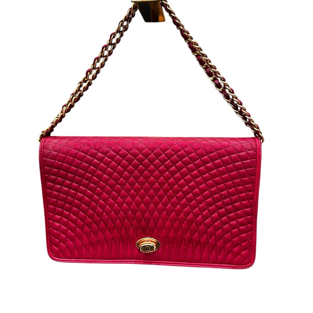 Vintage 1980s Bally Red Quilted Lambskin Leather Chain Shoulder / Crossbody Bag